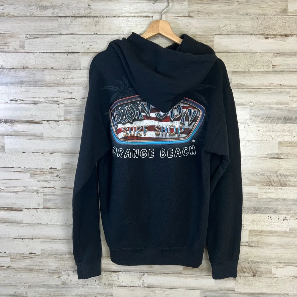 Ron Jon Surf Shop Hoodie Sweatshirt Men M Black Orange Beach American Flag - Picture 2 of 6